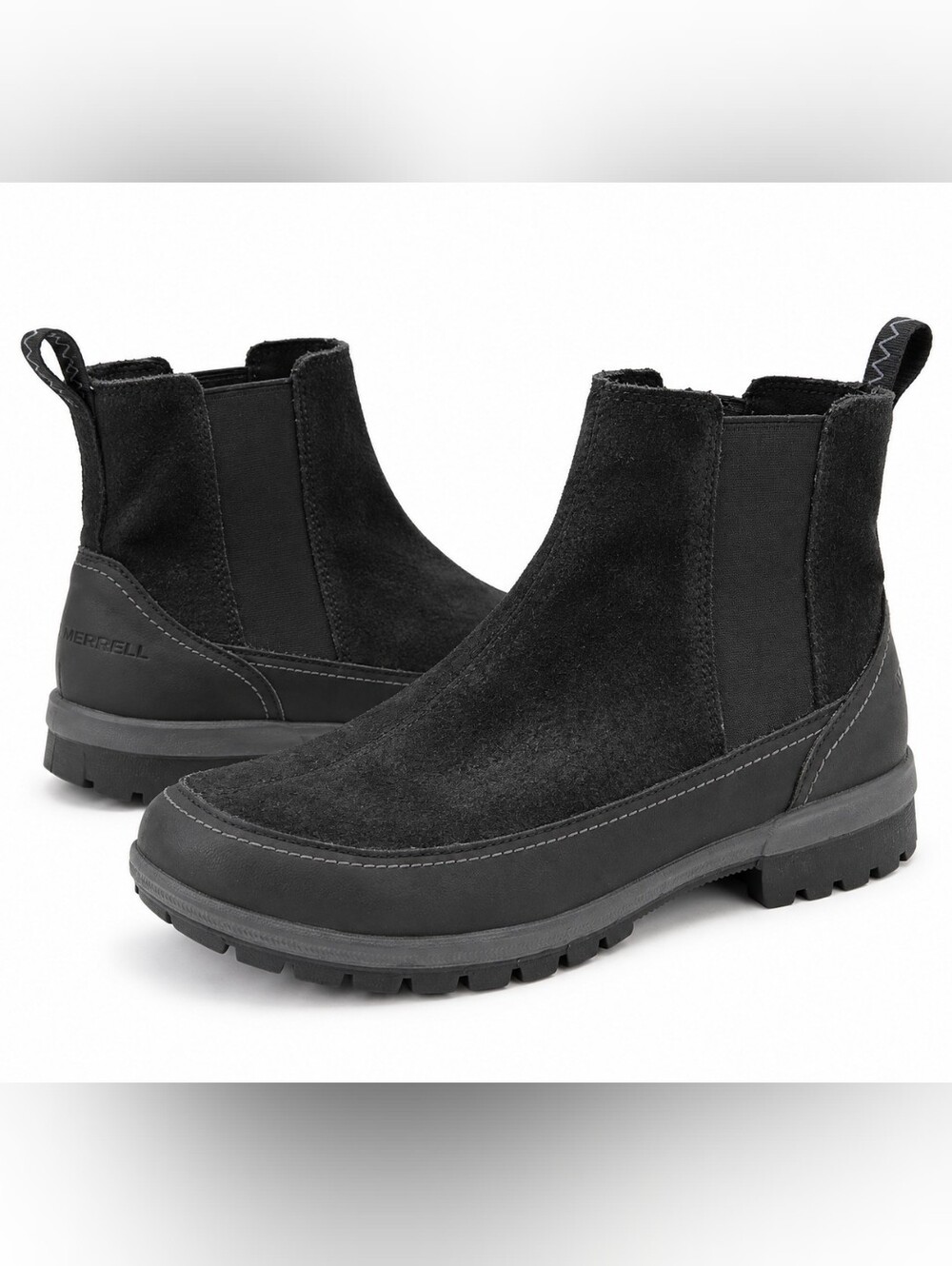Merrell Black Suede Leather Chelsea Ankle Boots Lug Sole Gorpcore Sz 10 Chunky